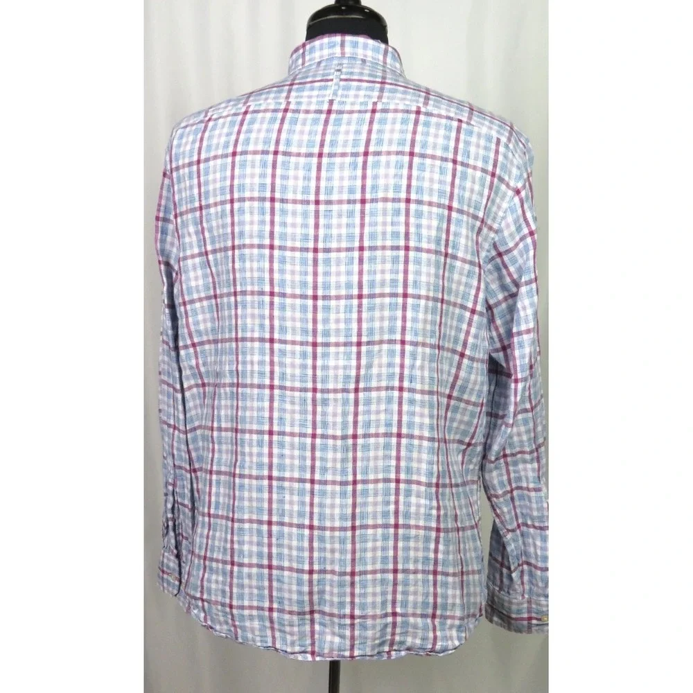 Banana Republic 100% Linen CAMDEN FIT‎ Plaid Button Up Shirt Men's Large